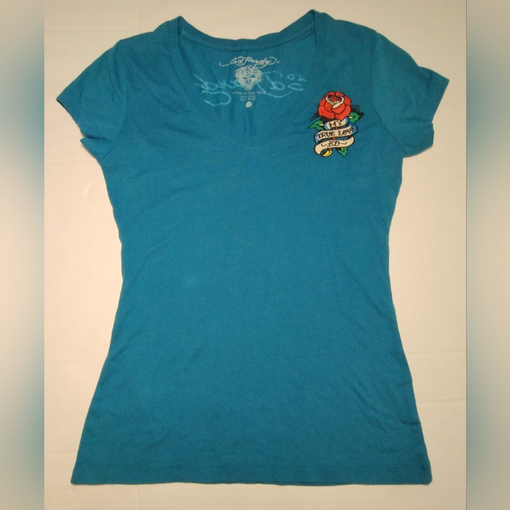 Vintage Ed Hardy Teal Short Sleeve Top with Rose Detail
